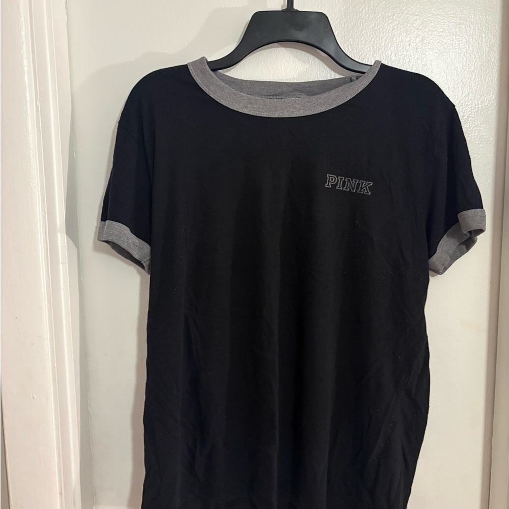 PINK Victoria's Secret Black Short-Sleeve Ringer Tee with Gray Trim